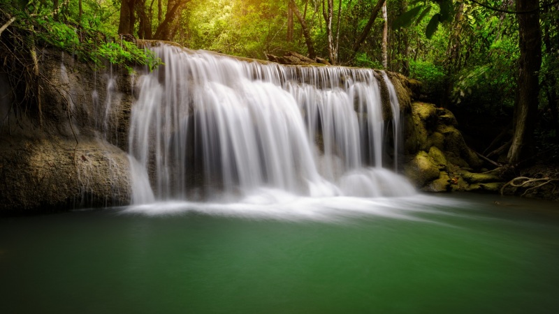 森林树木河流瀑布自然风景电脑桌面壁纸分享