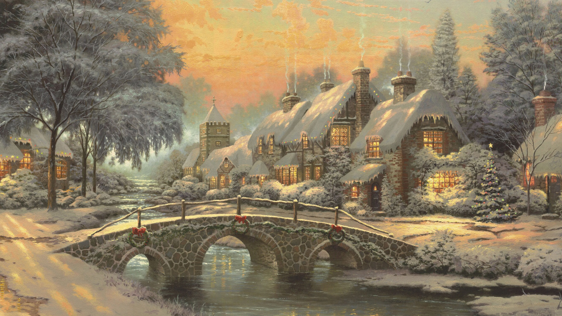 托马斯·金凯德圣诞绘画壁纸 暖调雪景小屋治愈感拉满