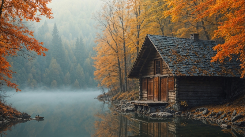 树林小屋小河的秋日美景 多款高清电脑桌面壁纸上线