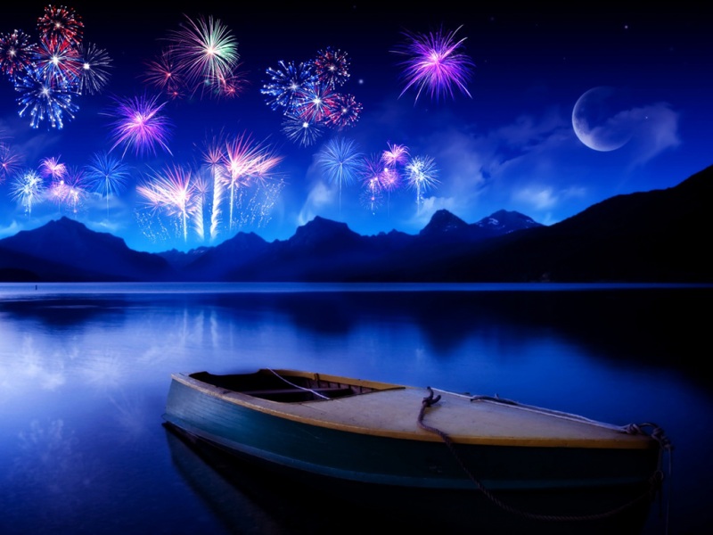 新年氛围感拉满！烟花湖水小船风景电脑动漫壁纸