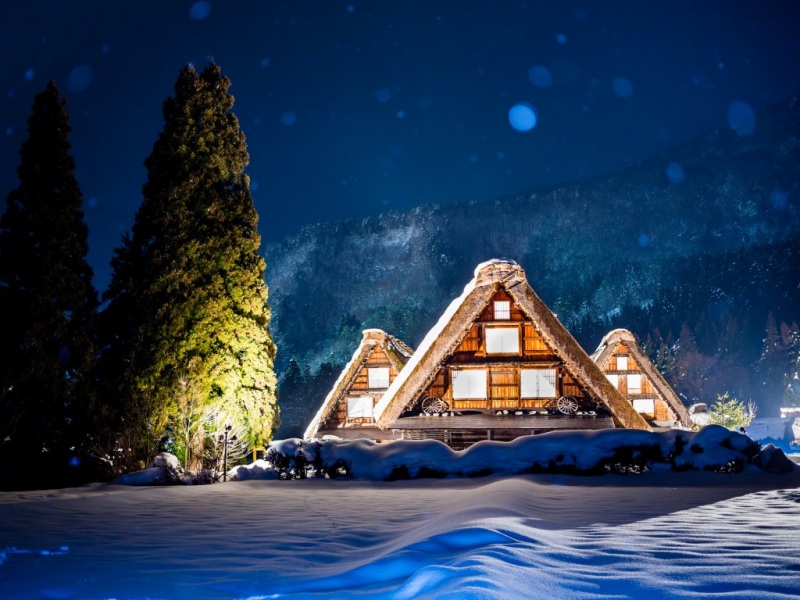 深夜雪中山林灯火 超清电脑桌面动漫风景壁纸