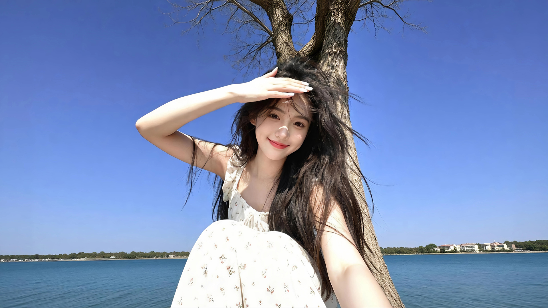 江边树影晴空下的美女电脑壁纸 多款高清尺寸任你选