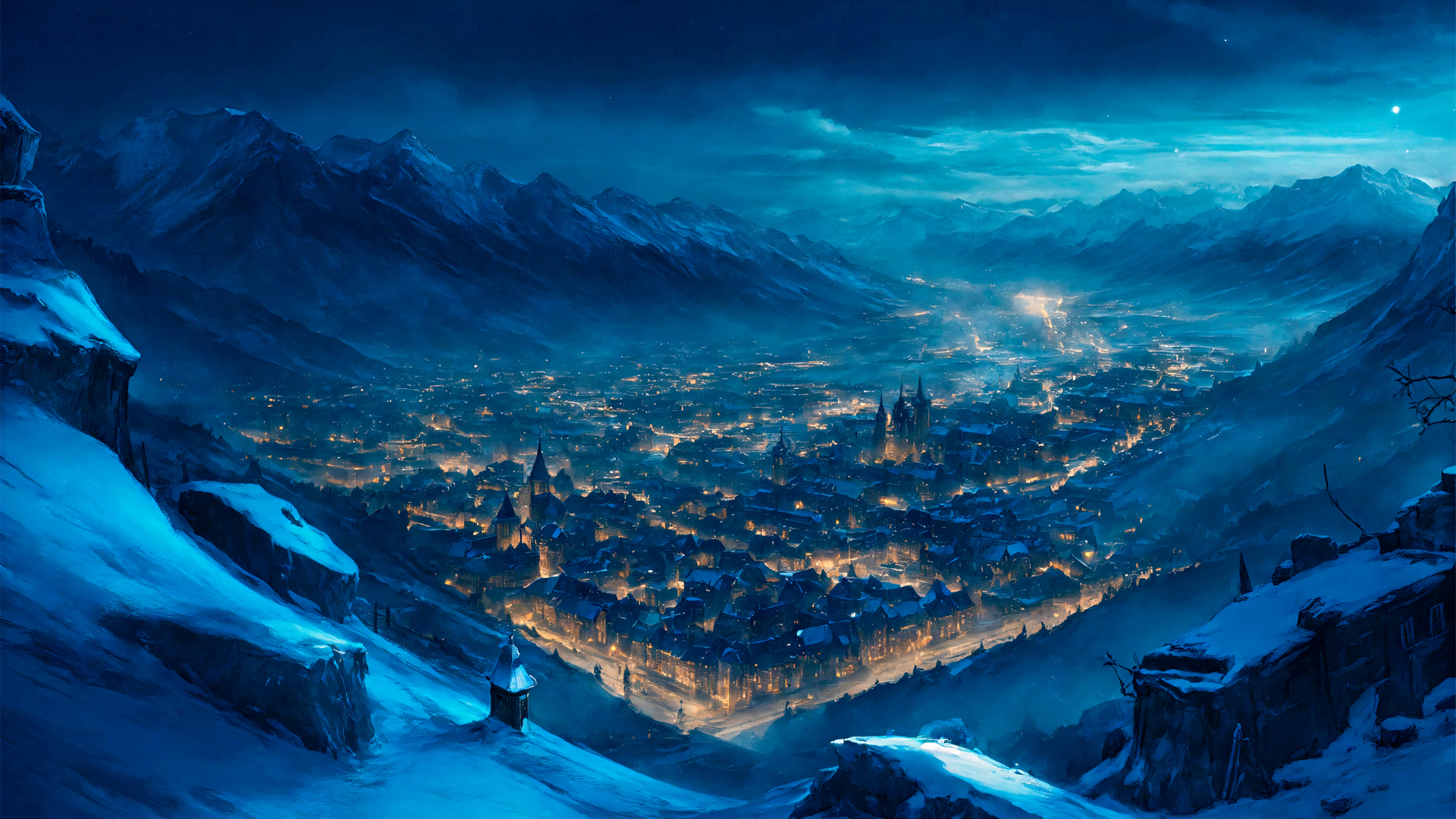 雪夜山谷里亮着灯的城市 适合当电脑桌面的动漫壁纸