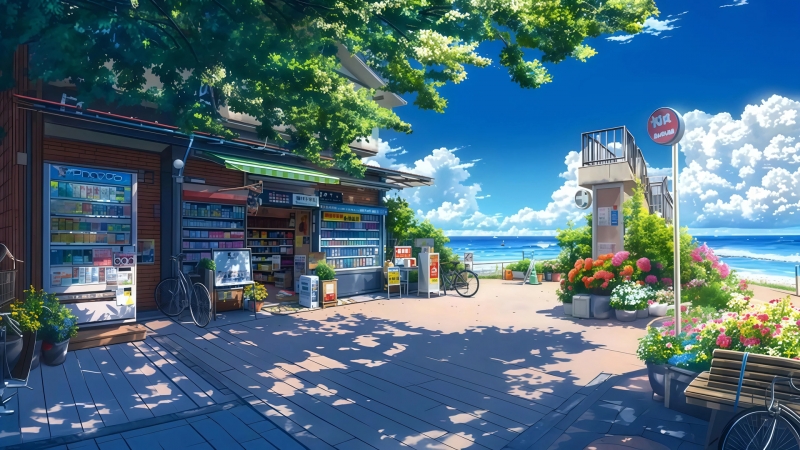 海边小店配树荫鲜花 这套风景壁纸太治愈了