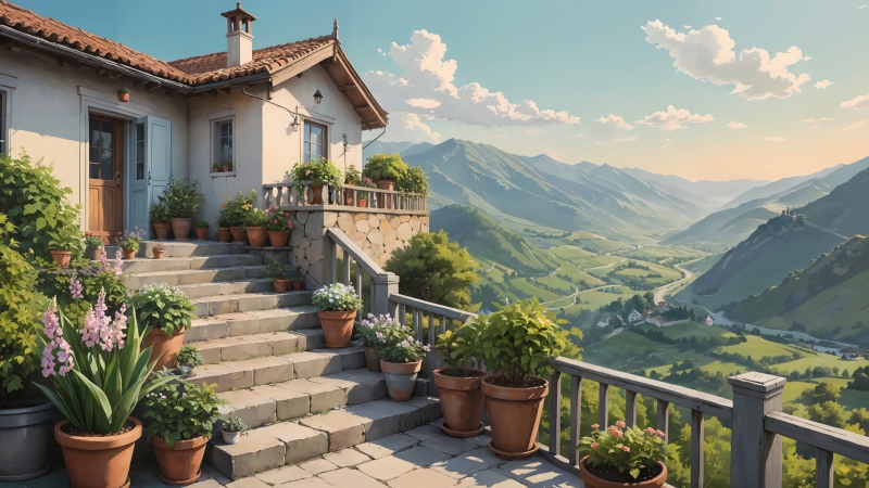 山间小屋盆栽风景高清电脑壁纸