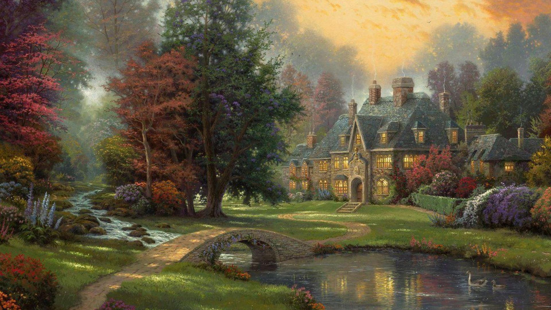 托马斯·金凯德风格风景电脑壁纸：小桥流水森林小屋意境拉满