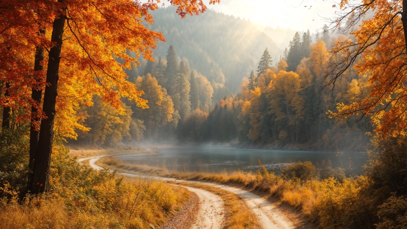 秋日林间湖畔电脑壁纸上新