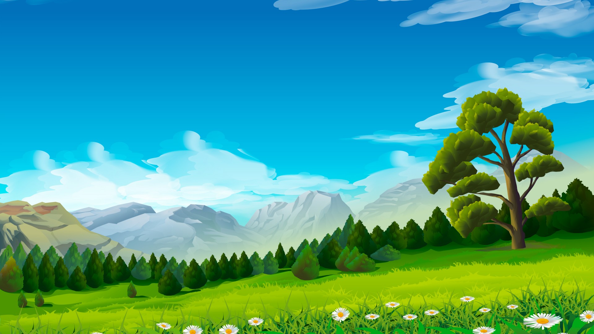 带雏菊草甸的手绘风景电脑桌面壁纸