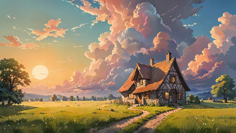 超治愈！田园小屋夕阳风景动漫电脑壁纸