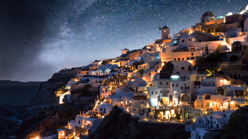 银河星光配希腊夜景！这款电脑壁纸氛围感拉满