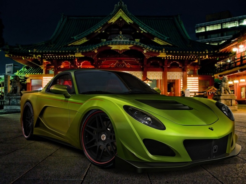 绿色马自达RX-7深夜街头风景壁纸