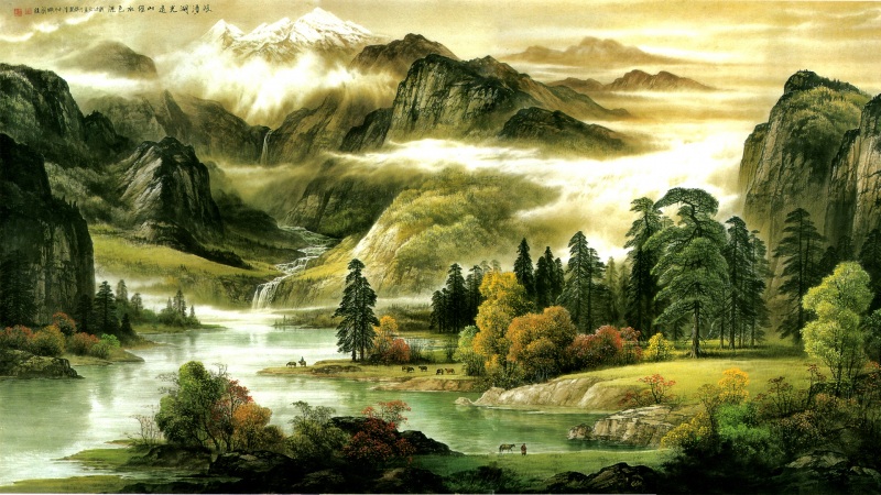 水墨山水风电脑壁纸！远山云雾雪峰瀑布氛围感拉满
