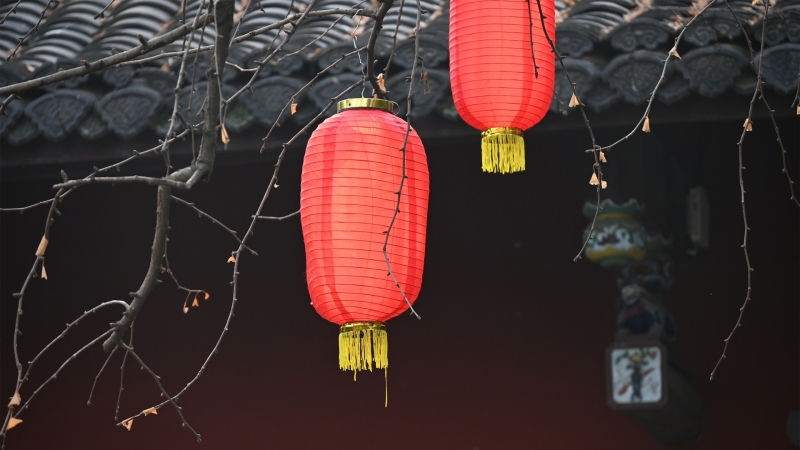 春节氛围感拉满！灯笼配瓦片树枝的治愈风景壁纸来了
