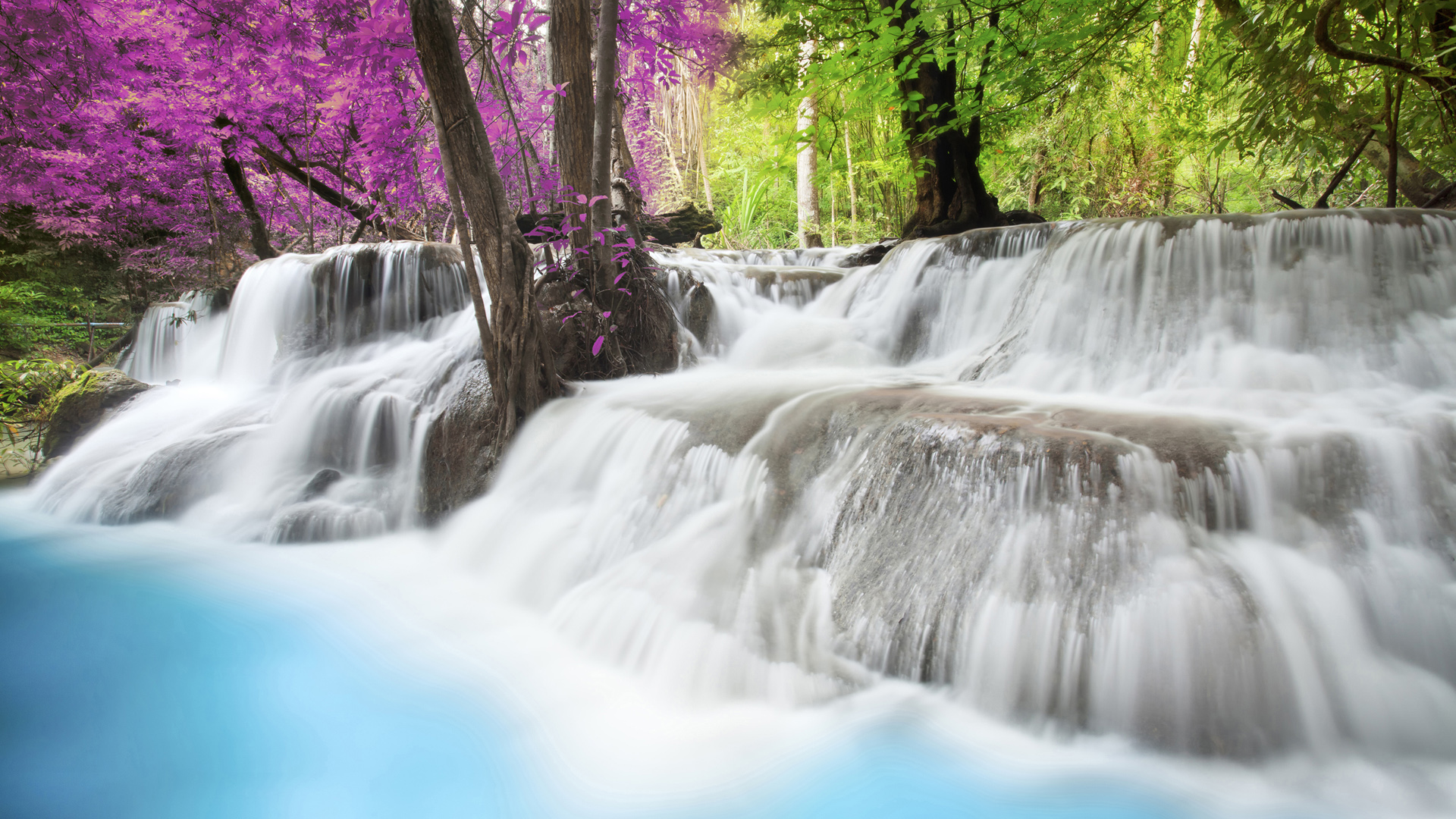 这款带彩叶的瀑布风景电脑壁纸太治愈了