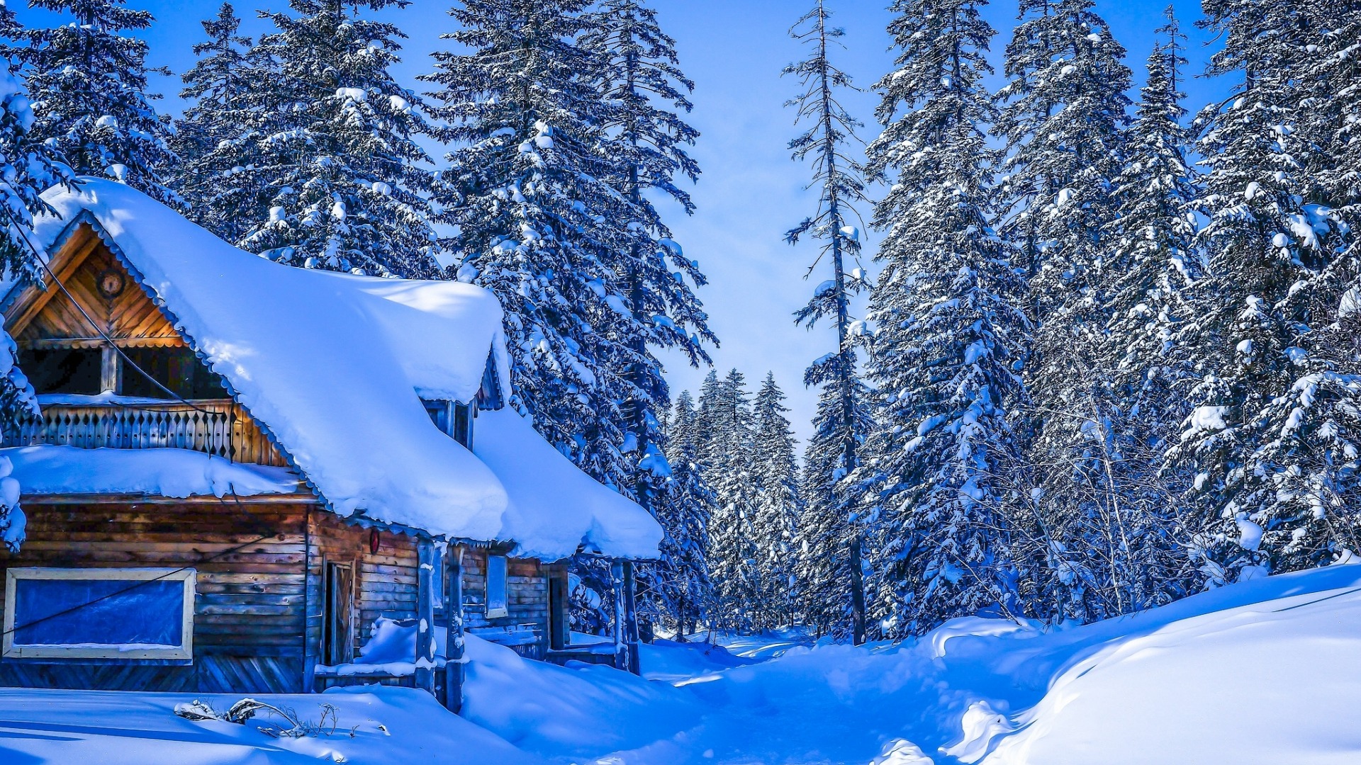 冬日森林大雪木屋风景电脑动漫壁纸