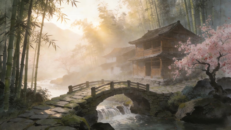 水墨风桃源风景壁纸！竹林木屋桃花小桥流水的电脑桌面图