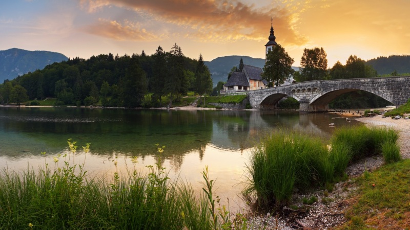 河流树木桥梁房屋的自然风景电脑动漫壁纸