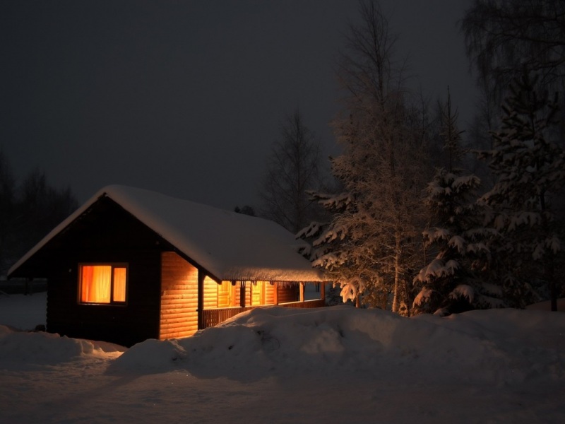 冬日夜晚暖灯雪景树影 电脑桌面动漫壁纸