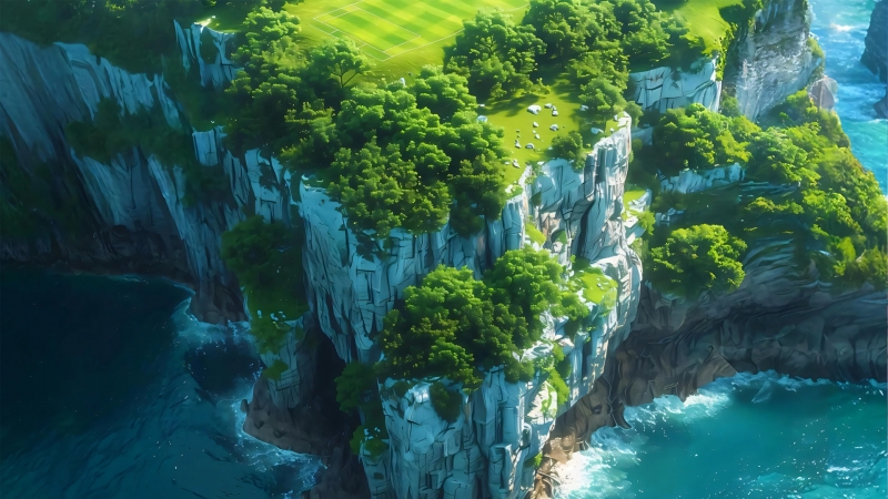 能当电脑桌面的海岸绿茵场风景动漫壁纸
