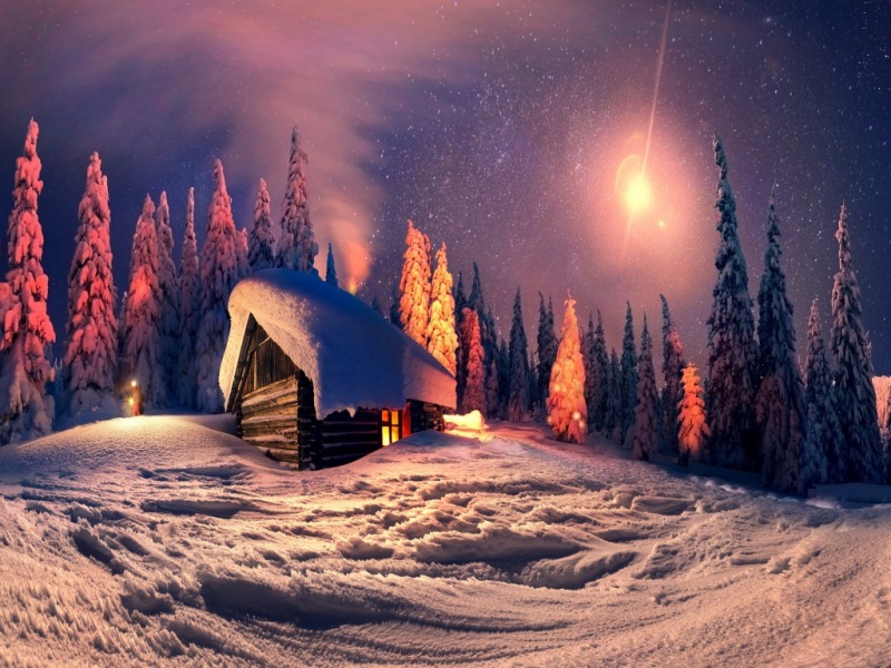 圣诞夜冬日雪夜小屋风景电脑动漫壁纸