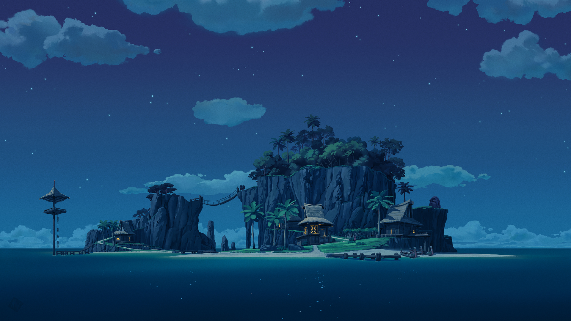 深夜海边小岛小屋星空 氛围感电脑动漫壁纸推荐