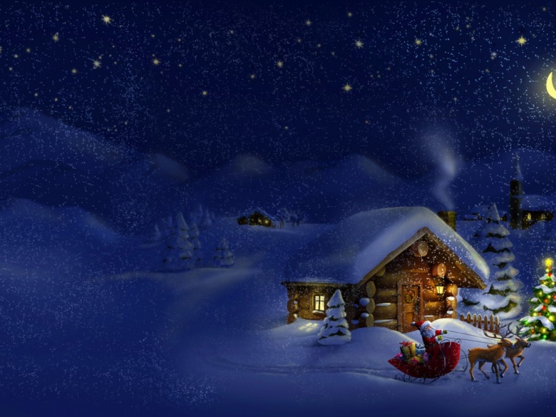 冬日深夜漫天飞雪的圣诞小屋壁纸