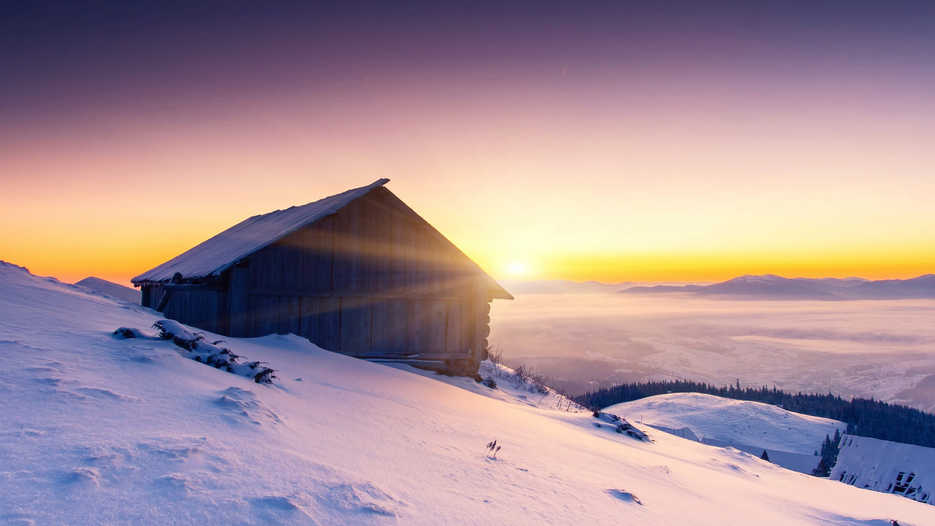 冬日雪屋暖阳风景电脑壁纸