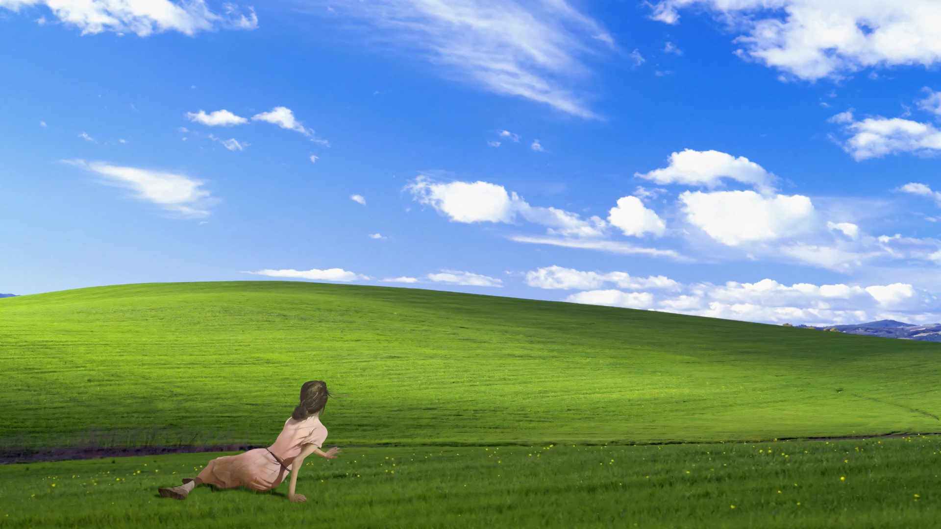 xp蓝天白云配绿草地 女孩远眺的动漫风电脑壁纸