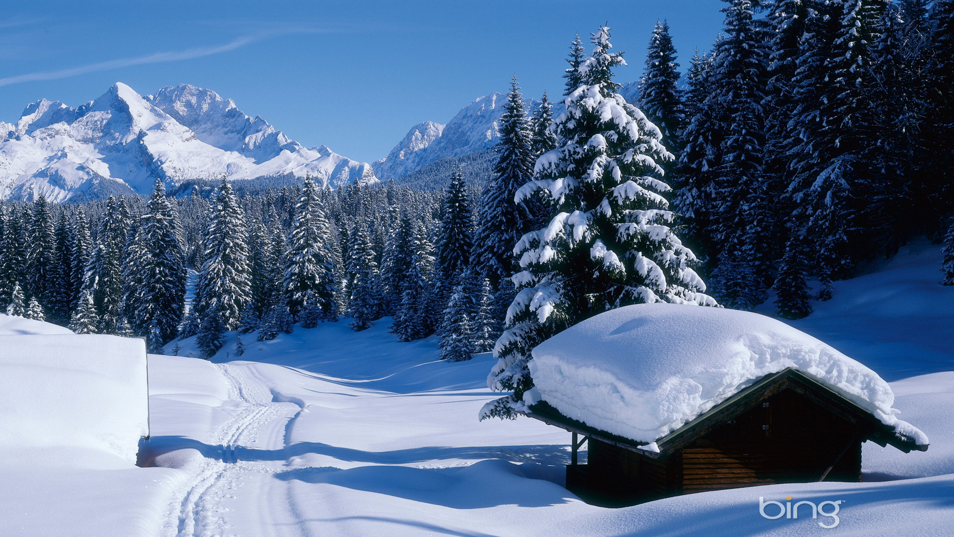 冬季雪景山景小木屋树林动漫壁纸 适配多尺寸电脑桌面