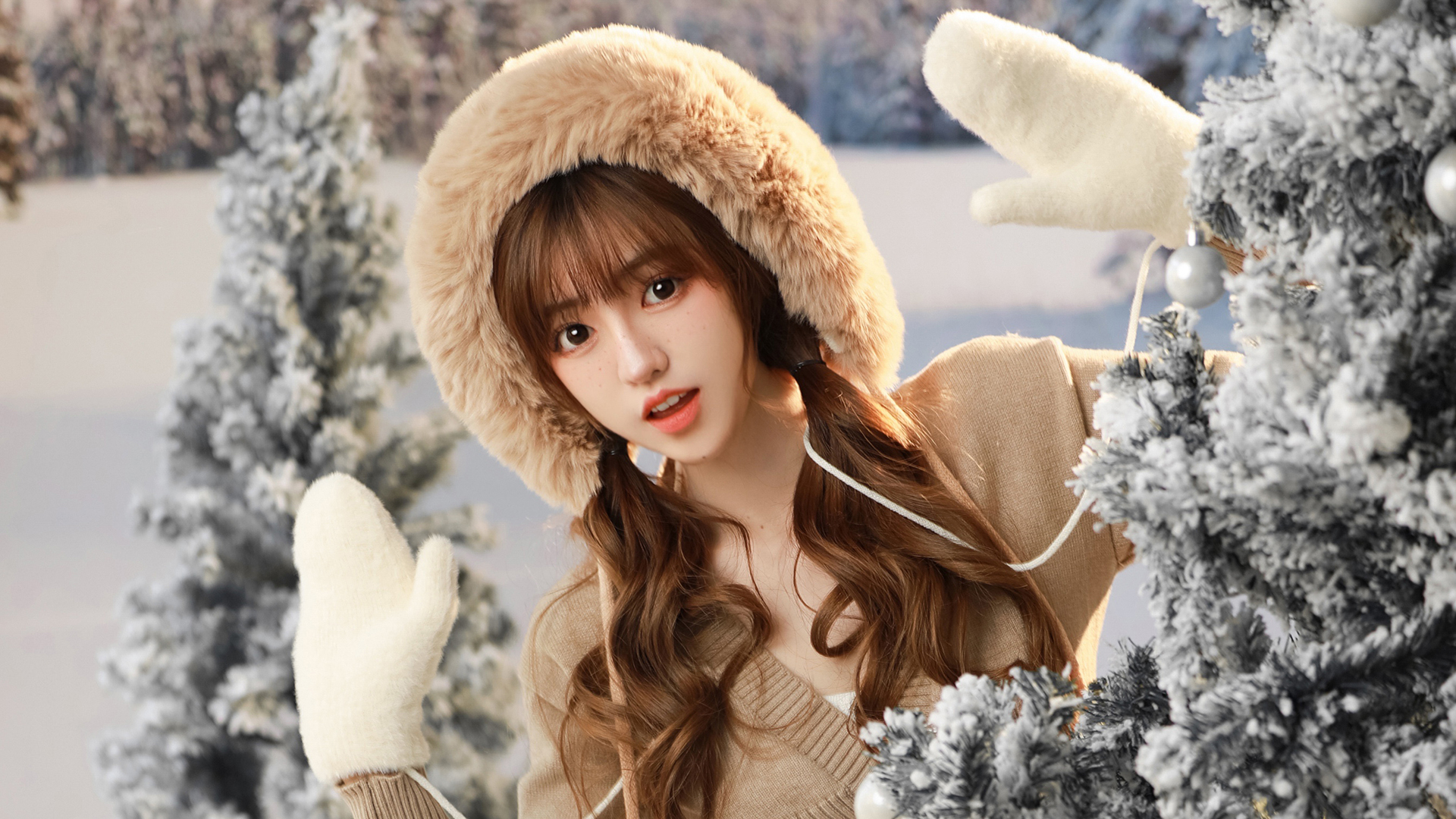 冬天氛围感拉满！可爱美女雪景圣诞树电脑壁纸合集