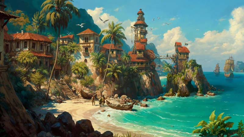 《Forge of Empires》游戏海岸风景壁纸 带棕榈树海和帆船