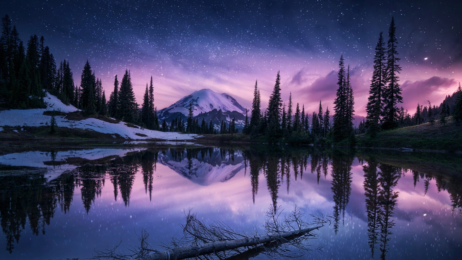 夜晚山湖星空动漫风电脑桌面壁纸
