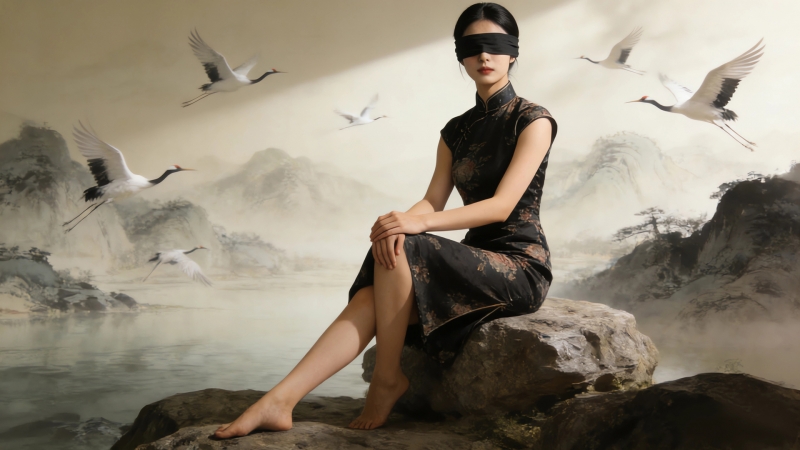 蒙眼旗袍配仙鹤！这款国风电脑壁纸颜值拉满
