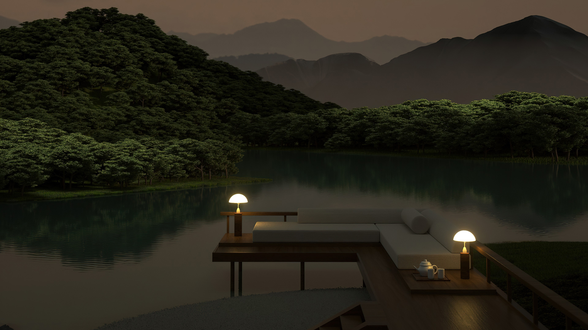 湖畔度假夜景高清壁纸来啦