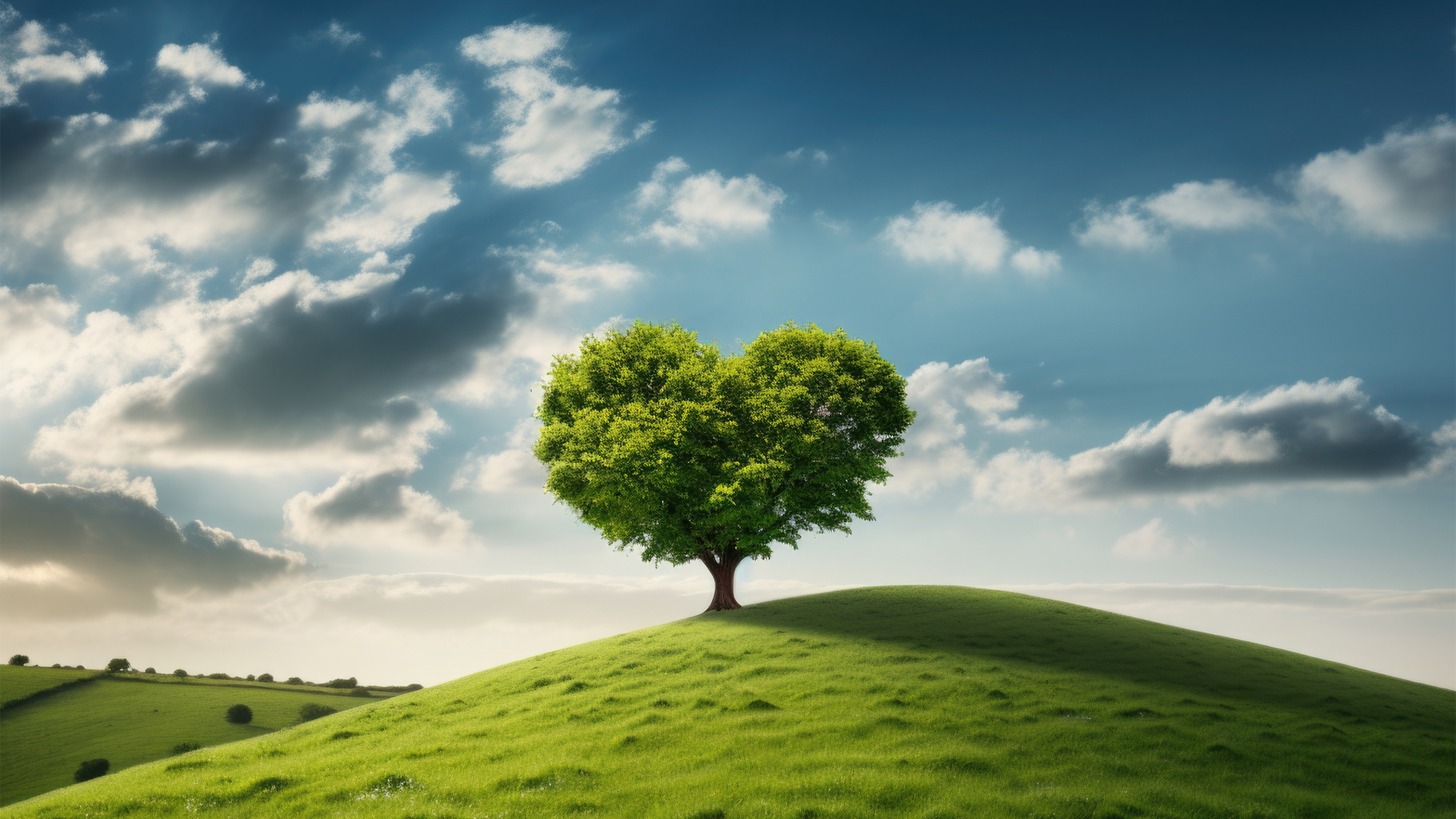 带着心形树的治愈风景电脑壁纸，适配多款主流分辨率