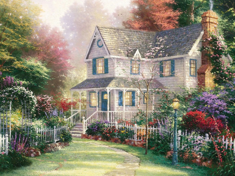 托马斯·金凯德绘画风格的平房花园电脑壁纸上新啦
