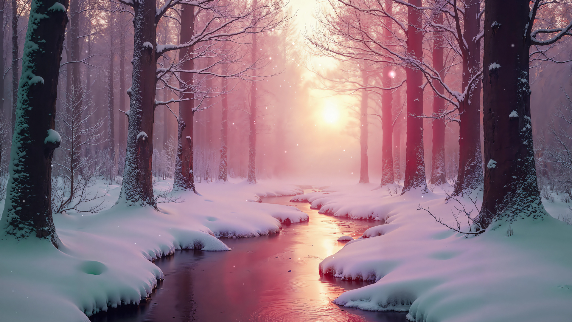 粉色冬日森林小溪雪景壁纸上新 适配多款电脑屏幕