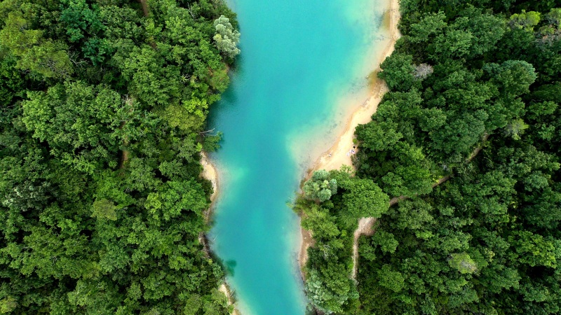 俯瞰视角的绿林河流自然风景壁纸推荐