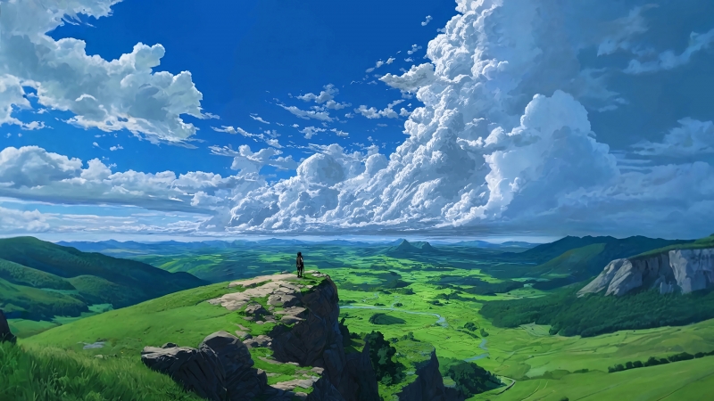 悬崖旷野搭配绿田云海 这款手绘风景电脑壁纸太治愈了