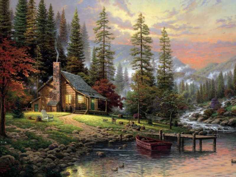 托马斯·金凯德笔下的林间小屋 带狗狗的治愈风景壁纸