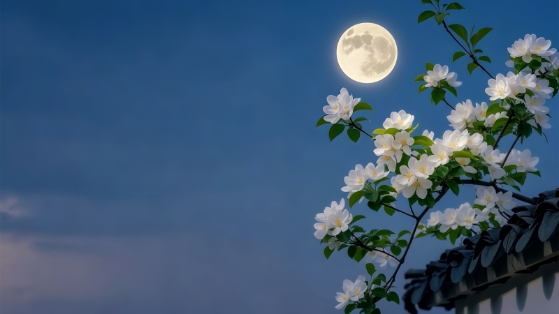 海棠花配月亮的绝美风景电脑壁纸来了
