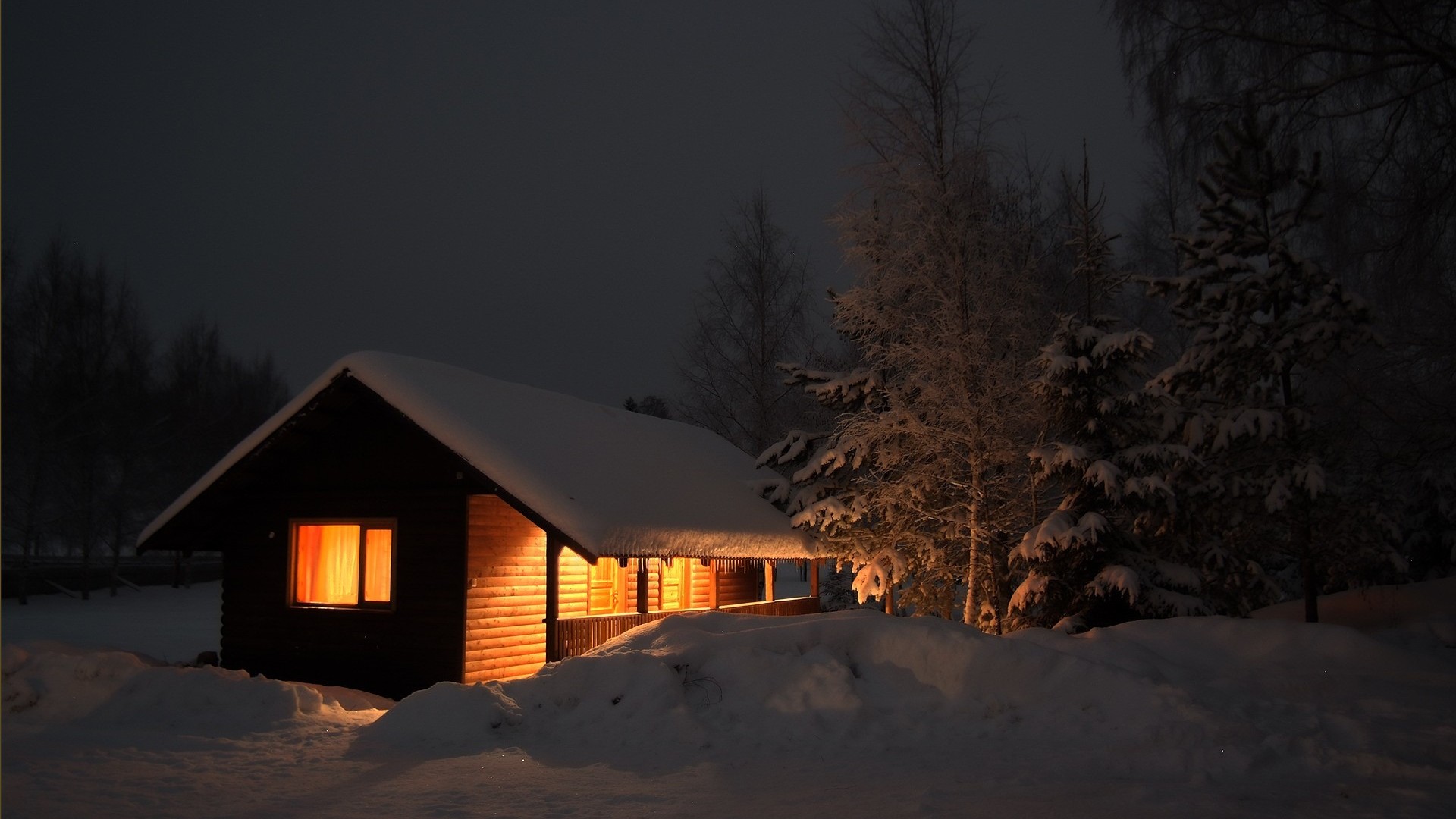 冬日夜晚暖灯雪景树影 电脑桌面动漫壁纸
