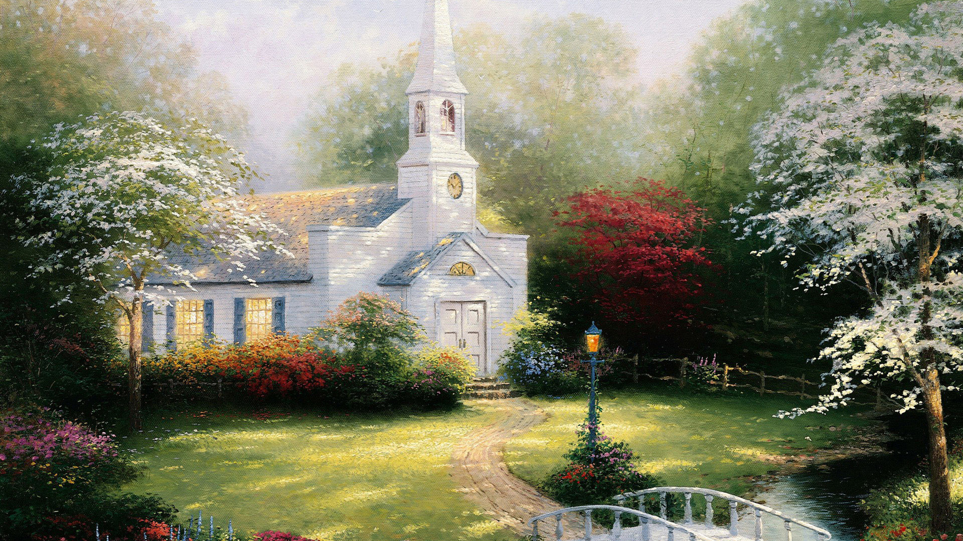 家乡教堂小桥野花成电脑壁纸啦