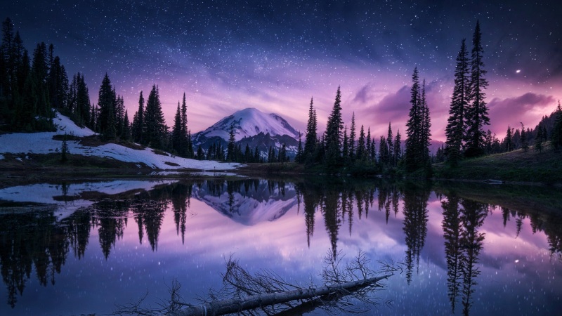 夜晚山湖星空动漫风电脑桌面壁纸