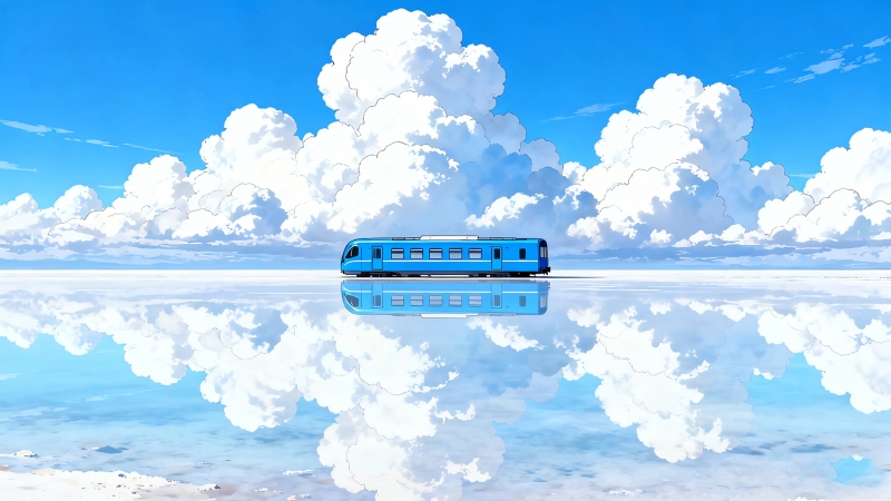 带蓝色列车的湖面蓝天壁纸 电脑桌面动漫风景图