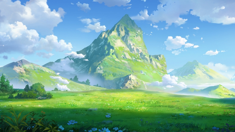 手绘自然风景电脑壁纸 带山脉花草云朵的治愈款