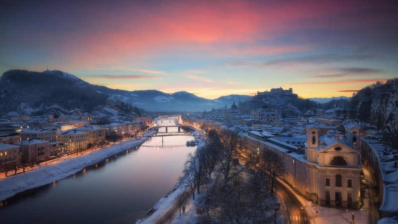 奥地利萨尔茨堡冬日河畔风景电脑动漫壁纸