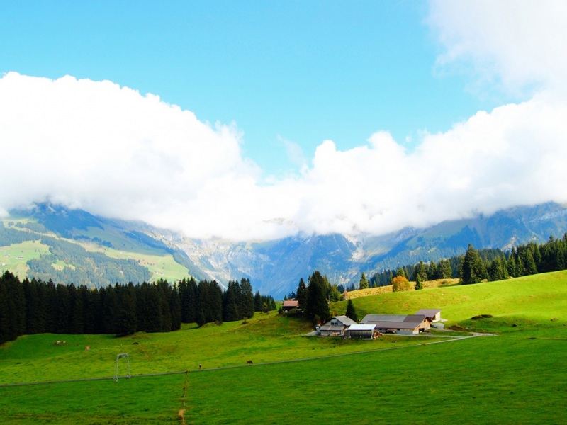 治愈系田园风电脑壁纸：远山草地乡间小屋的治愈画面