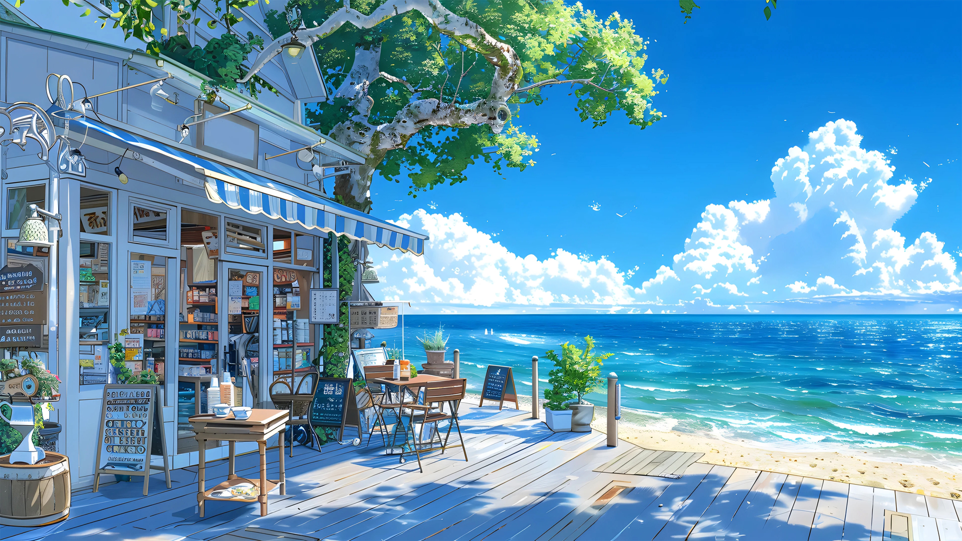 夏天海边小店风景电脑桌面动漫壁纸