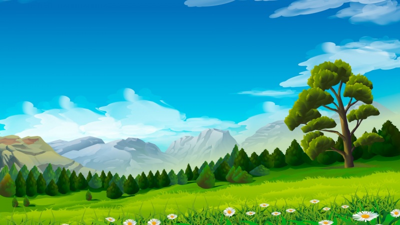 带雏菊草甸的手绘风景电脑桌面壁纸